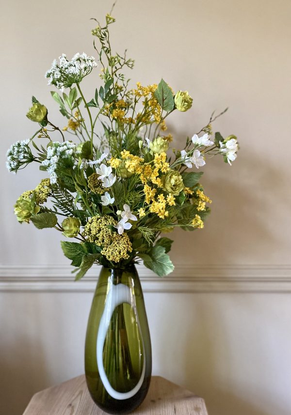 Yellow, green and whiter faux floral arrangement
